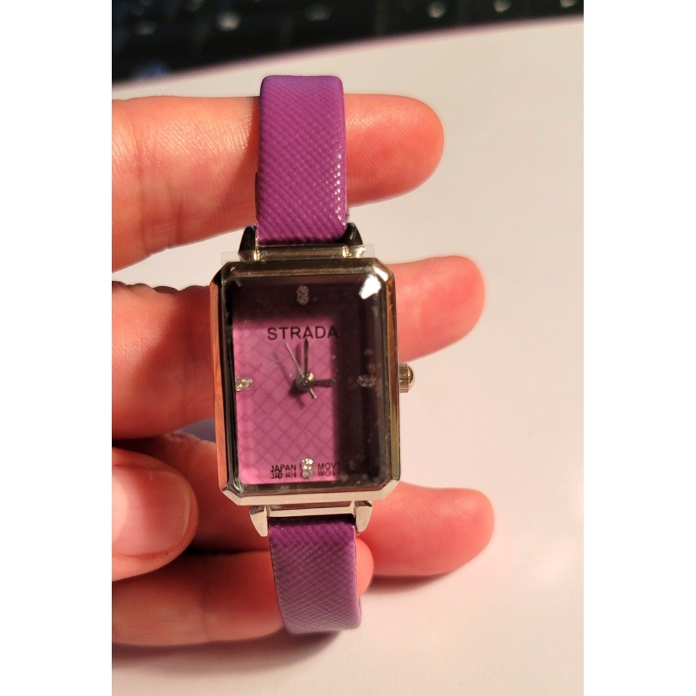 NIB STRADA Purple Rectangular Face Women Watch Japan Movement Rhinestone Accent